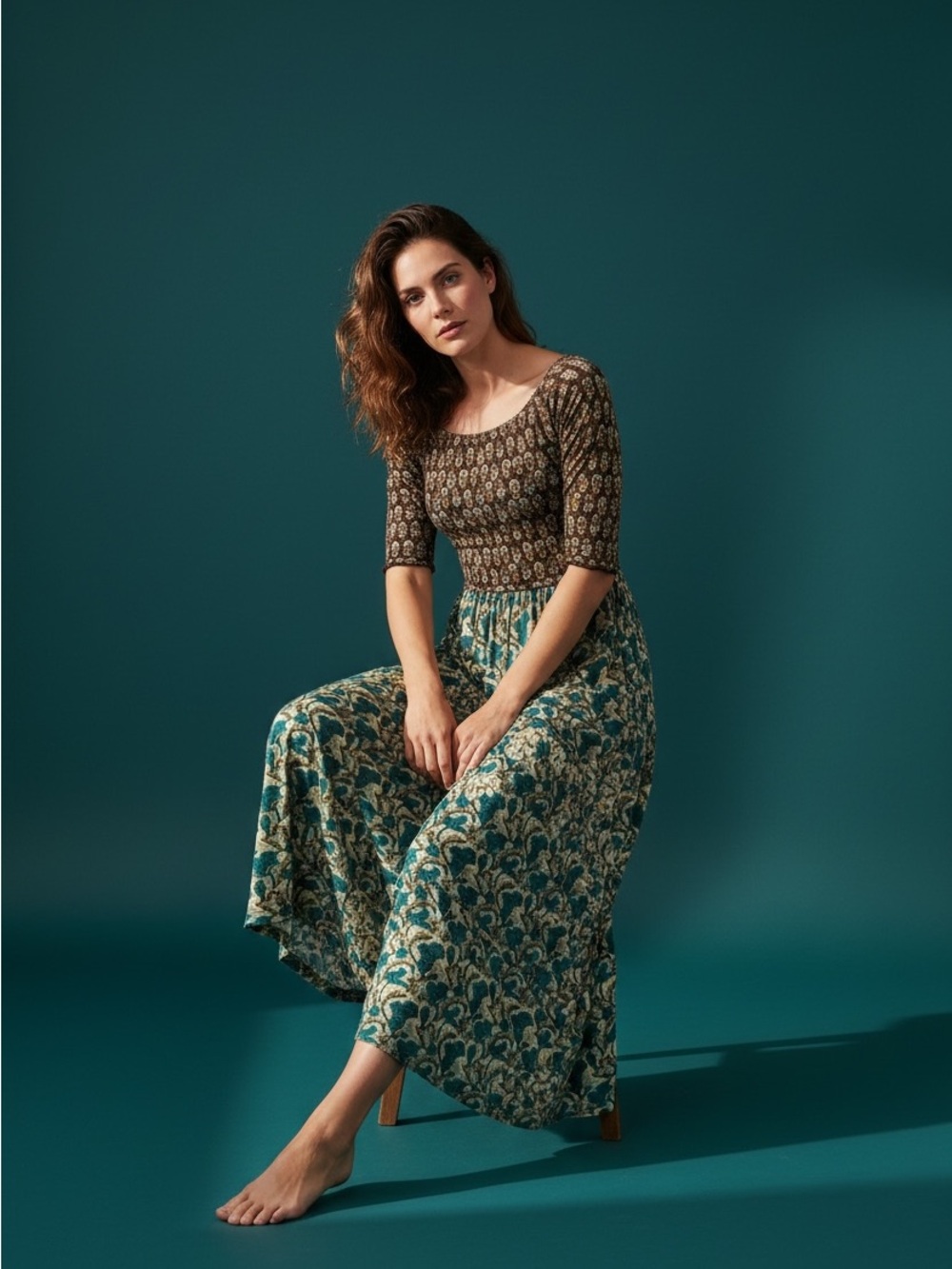 NATURAL LIFE Teal, Black & Cream Floral Maxi Dress